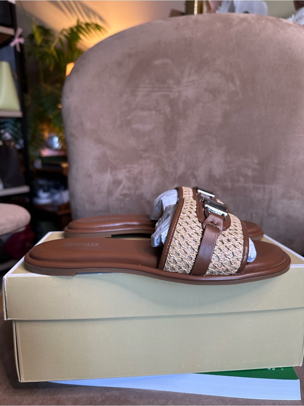 MICHAEL Michael Kors Ember Slide Brown Open Weave Raffia Logo Sandals US5.5M NEW - Picture 3 of 10